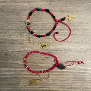 Red and Black Handmade Beaded Bracelets with Charms